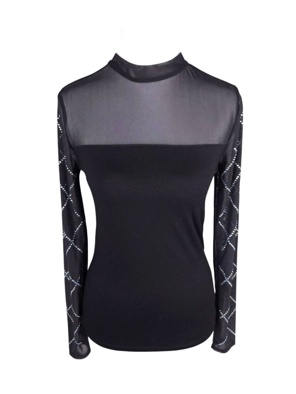 VENUS Black Long-Sleeve Mesh Inset Top with Rhinestone Sleeves